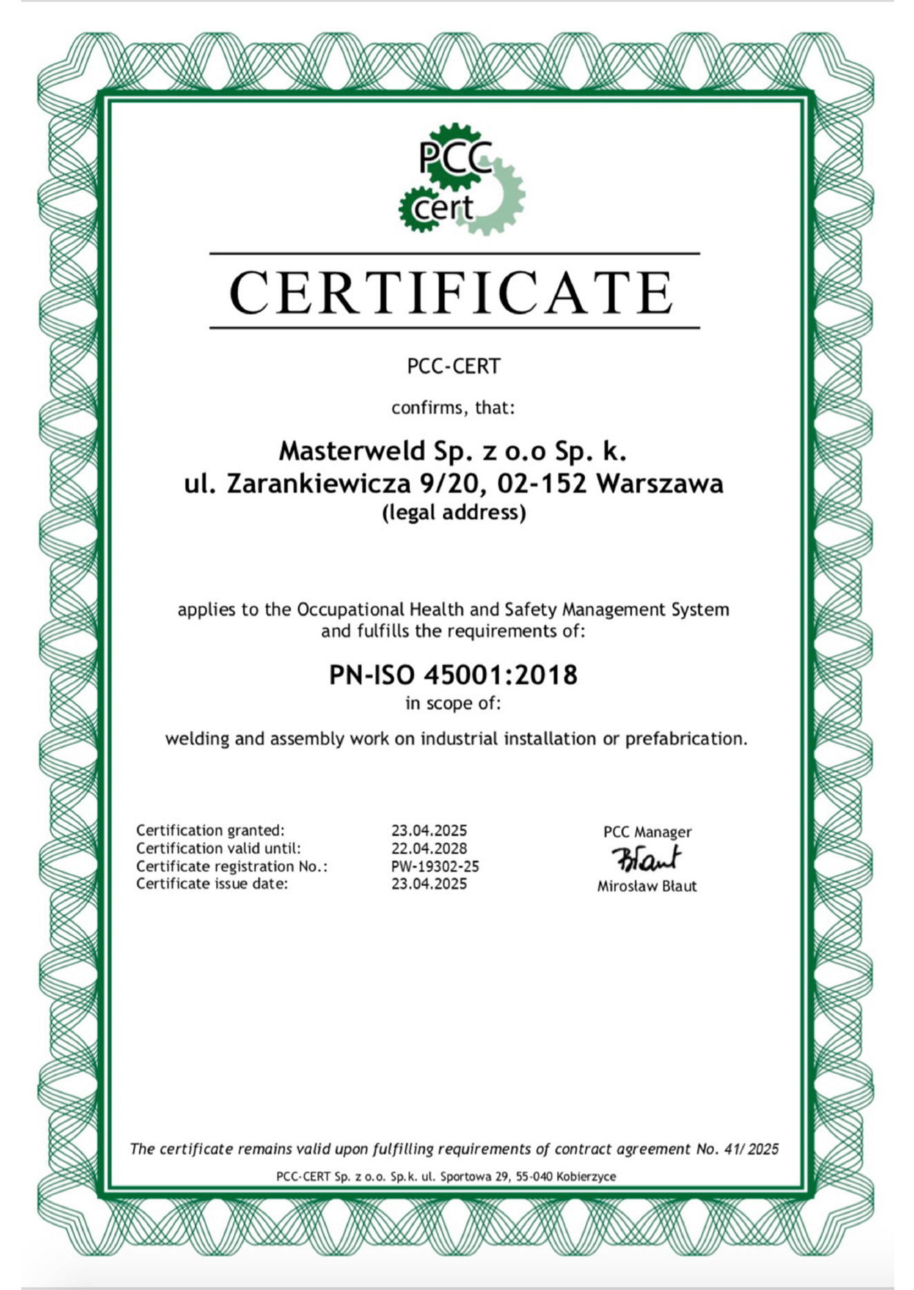 MASTERWELD ISO 45001:2018 occupational health and safety certificate